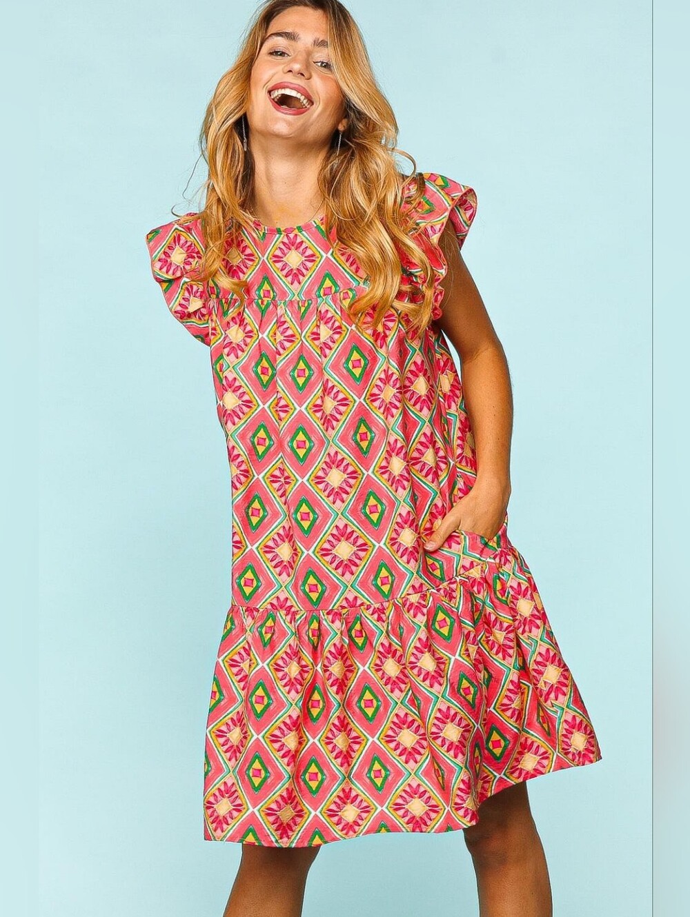 Haptics Pink Printed Flutter-Sleeve Casual Dress. Size Large